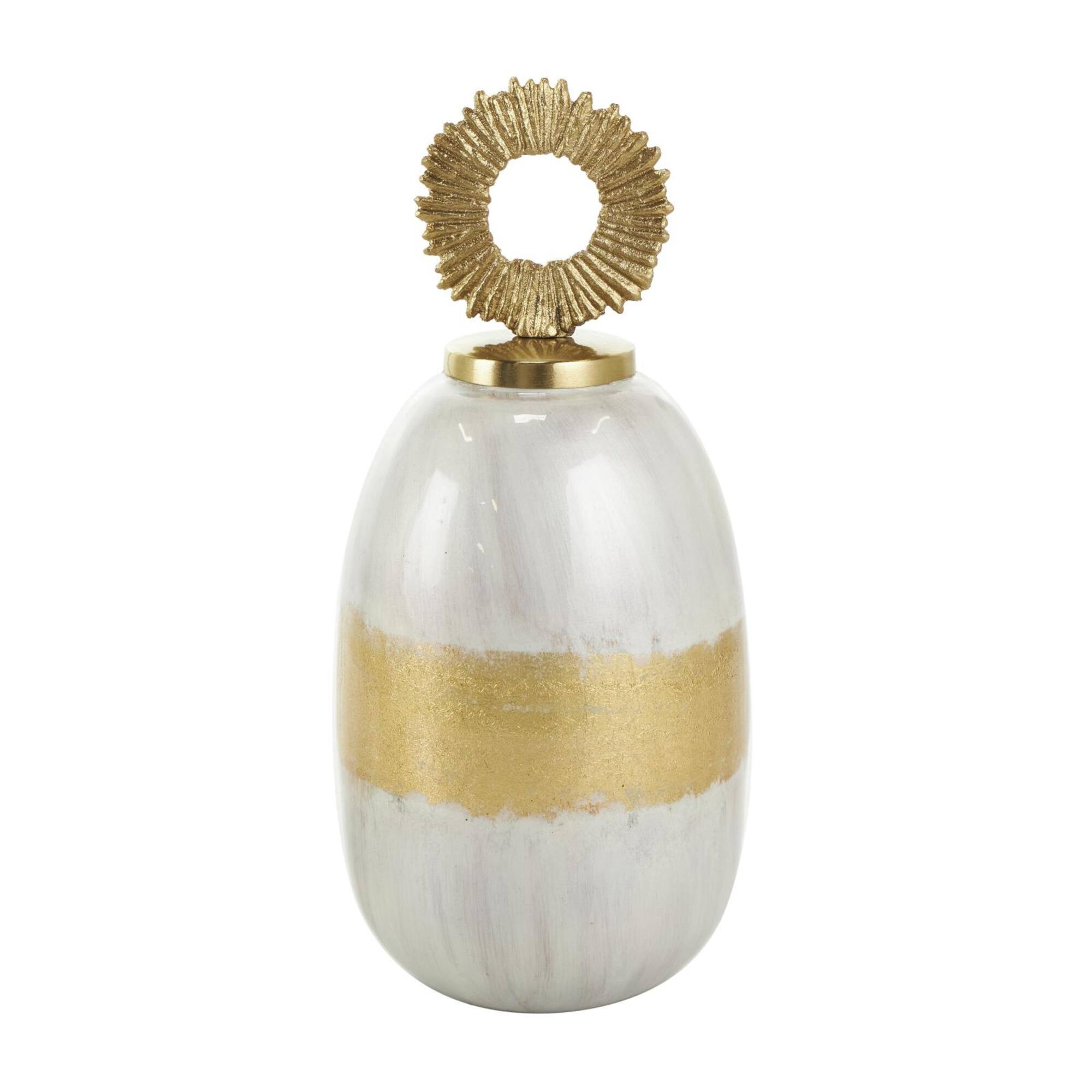White Metal Abstract Brushed Decorative Jar Set with Gold Detailing & Ring Handles